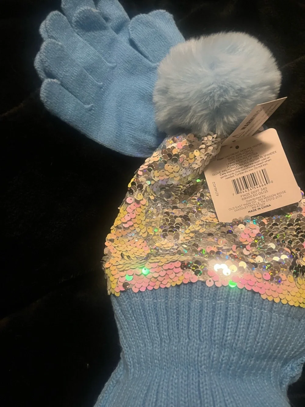Kids Light Blue Sequin Pom Pom Beanie and Glove Set